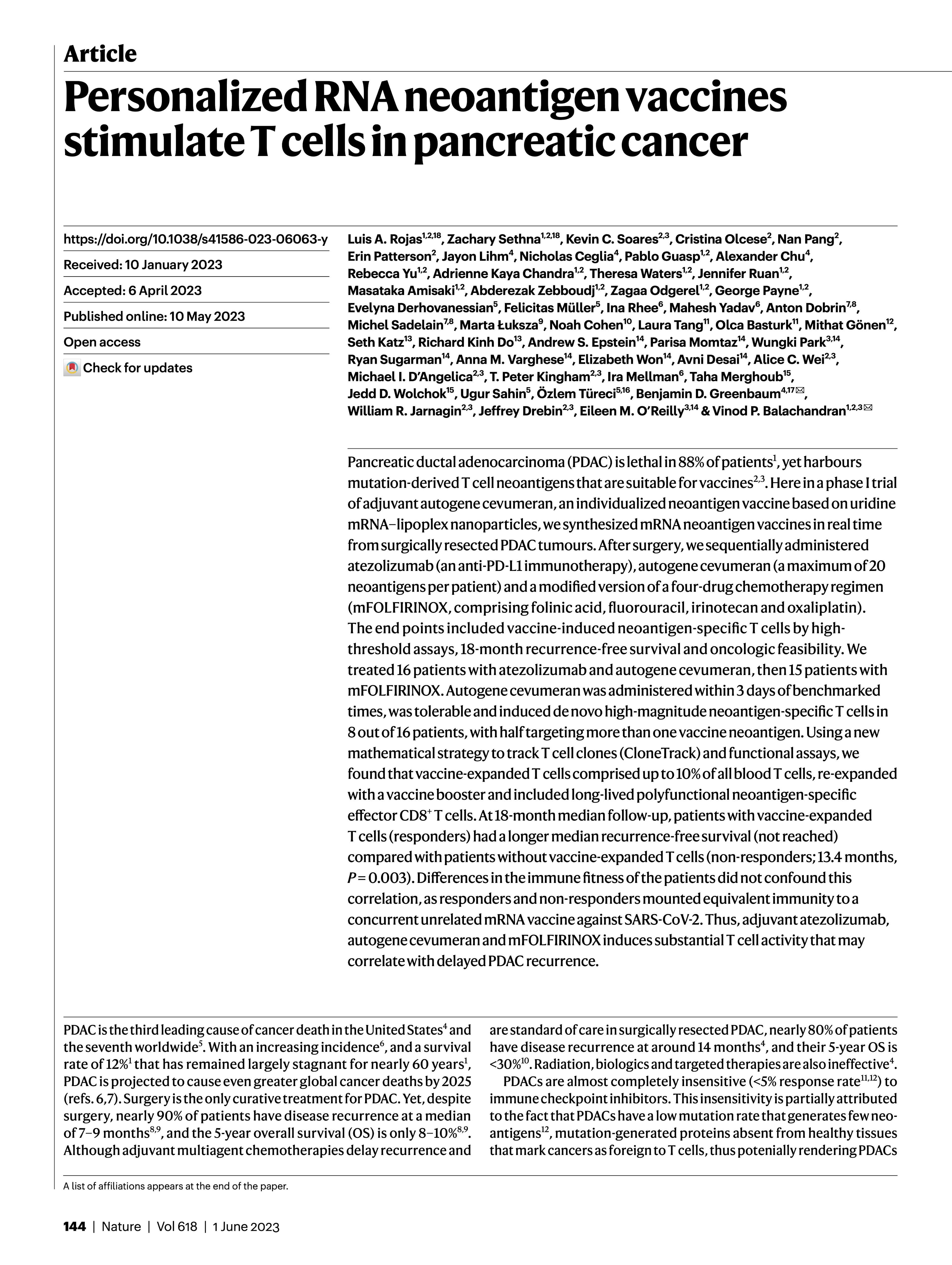 First page of Nature article on novel personalized neoantigen vaccines