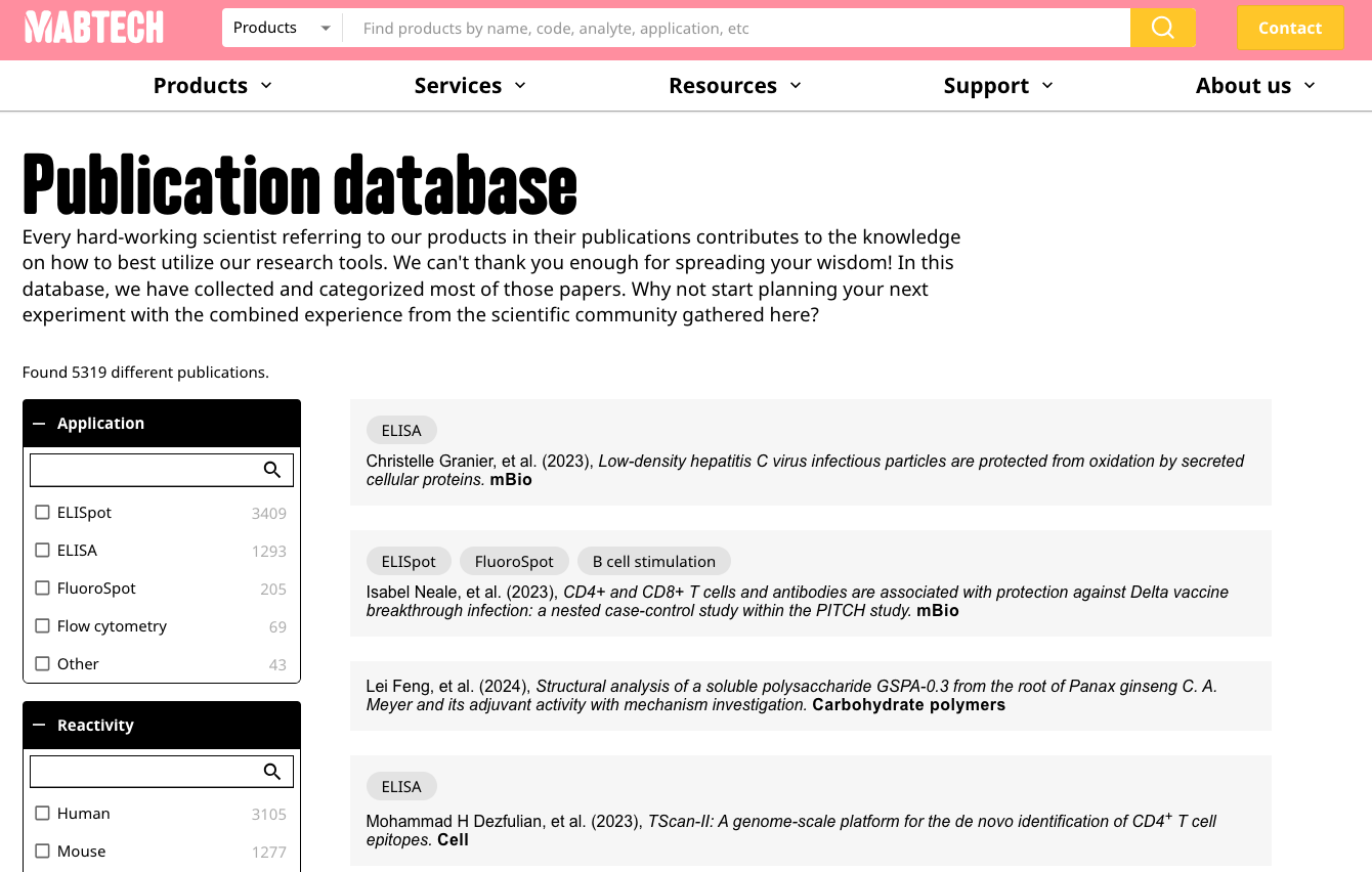 Preview of Mabtech's publication database with filters
