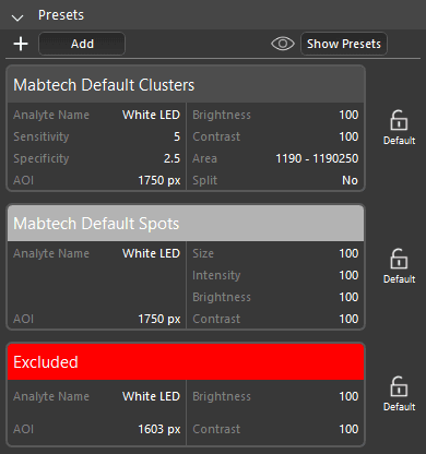 Selection menu of the FociSpot presets in Apex