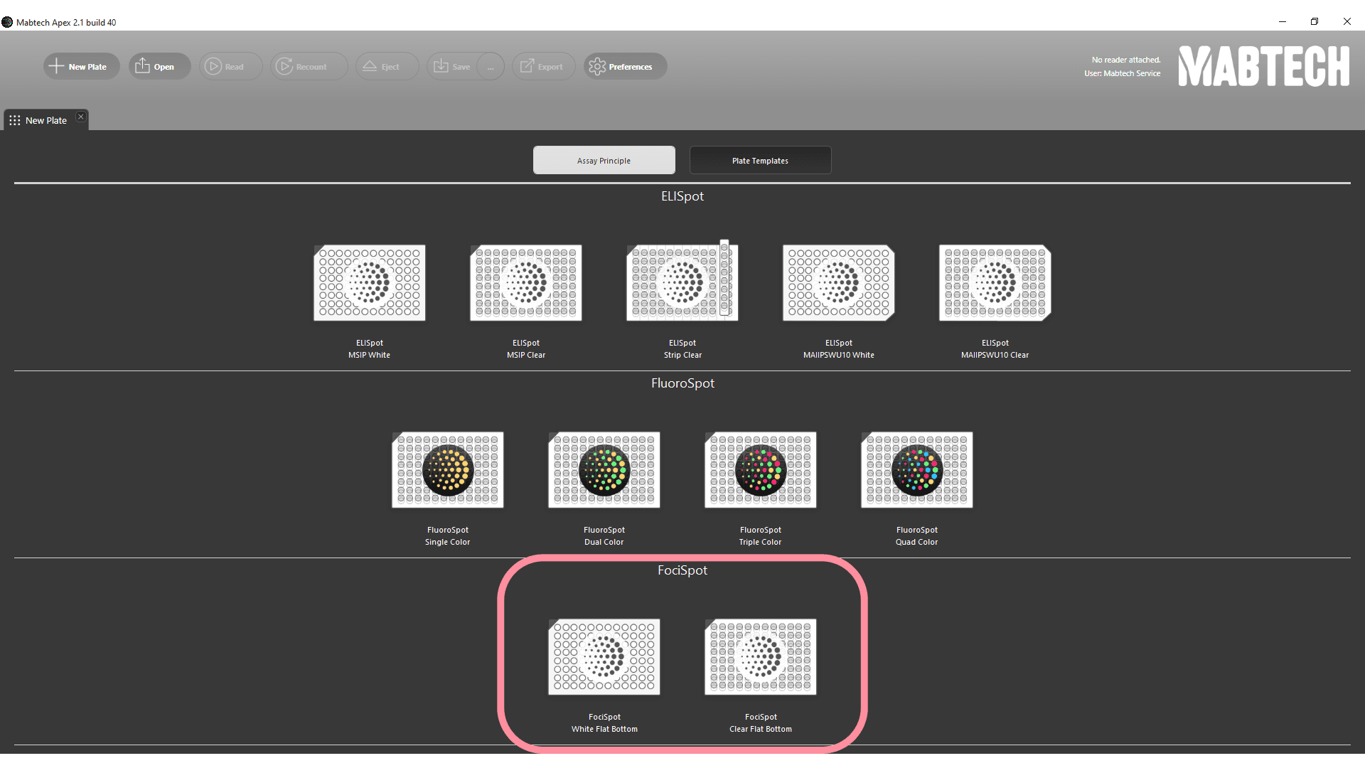 Click to enlarge Assay selection screen in Apex software with a highlight over the FociSpot section