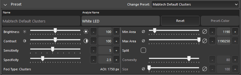 Click to enlarge Mabtech Clusters Parameters in Apex software
